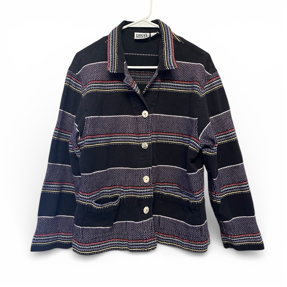 Vintage Y2K Era Chico’s Lightweight Black & Blue Striped Jacket Size Small